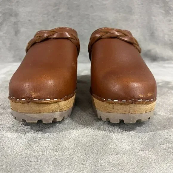 MIA Elsa Clogs 8.5 / 39 Brown Leather Braid Platform Made In Sweden Tan Chunky - Picture 5 of 11
